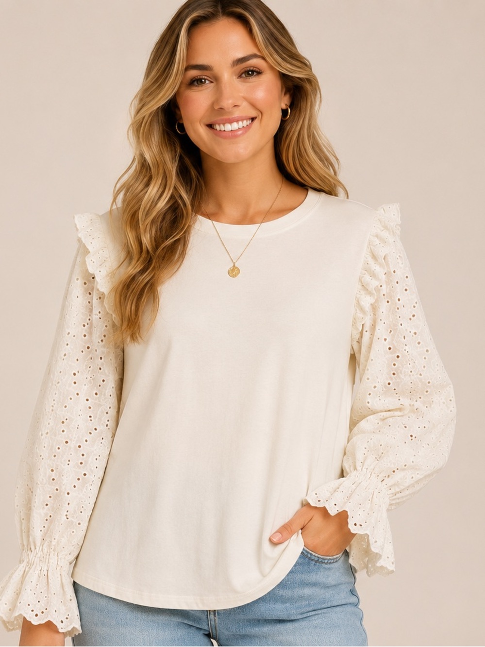Vine & Love Cream Eyelet Ruffle Long Sleeve Top